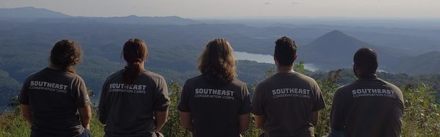 Five members look across the horizon from a mountain